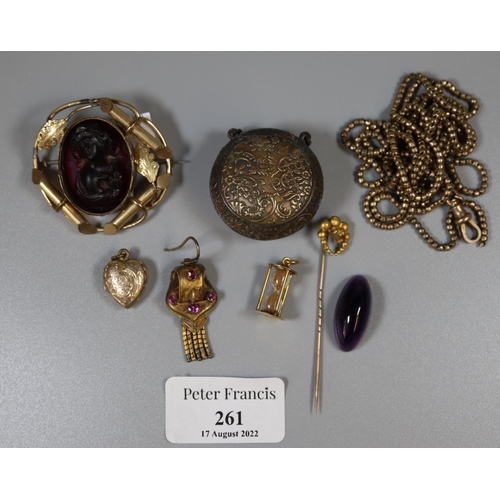 261 - Collection of costume jewellery including silver gilt earrings, glass cameo, gold plated guard chain... 