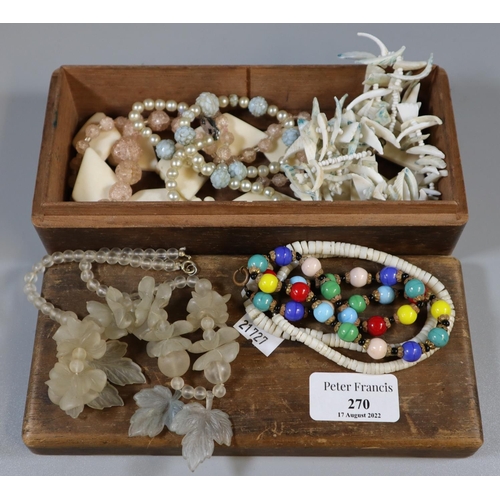 270 - Small wooden box containing bone and semi precious stone costume type jewellery.  (B.P. 21% + VAT)