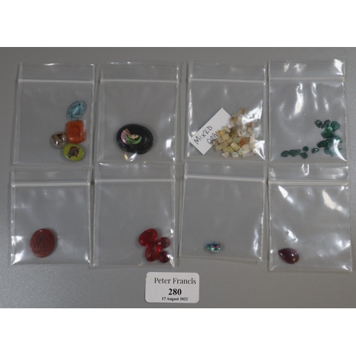 280 - Box of assorted unmounted semi precious stones: opal, blood stone, jet etc.  (B.P. 21% + VAT)