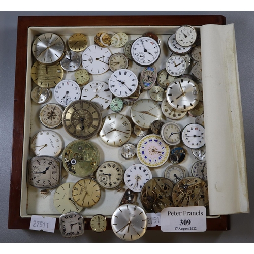 309 - A tray of assorted watch movements only, to include: Longines, Omega and others.  (B.P. 21% + VAT)