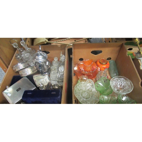 323 - Two trays of glass and silver plate to include: cruet sets, cigarette box, coasters, Carnival glass,... 