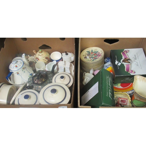 326 - Two boxes of assorted china, to include: Art Deco jug, teapots, Victorian pottery kitchen canisters,... 