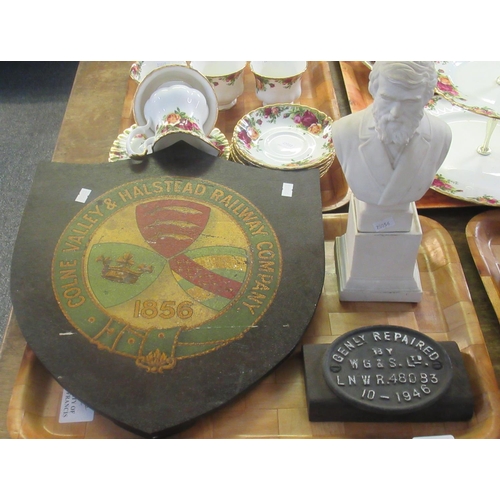 331 - Early 20th century shield shape wooden painted Railway plaque, 'Colne Valley & Halstead Railway Co. ... 