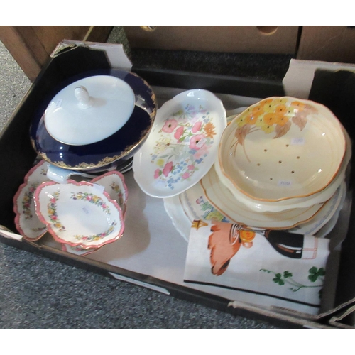 346 - Box of china, to include: Crown Staffordshire floral dishes, blue and white tureen, various plates e... 