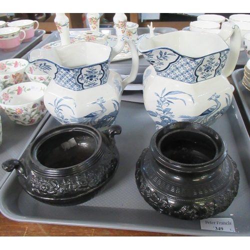 349 - Graduated pair of Yuan Staffordshire blue and white jugs, together with two Slag glass items and two... 