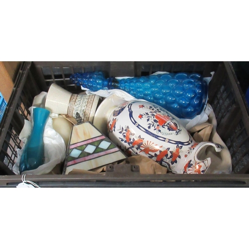 357 - Box of assorted china and glass, to include: bubble bottle, lamp shade, oriental design vase etc.  (... 