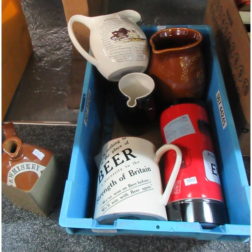 398 - Box of advertising brewerania jugs, to include: a stoneware jug marked 'S. Whiskey', 'Shepherd Neame... 