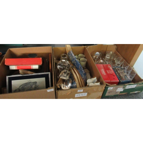 399 - Three boxes of items, to include: drinking glasses, loose plated cutlery, silver plated coffee pot, ... 