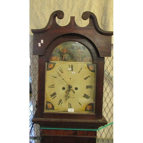 439 - Early 19th century Welsh oak 8 day two train long case clock, having arched face with rocking Adam a... 