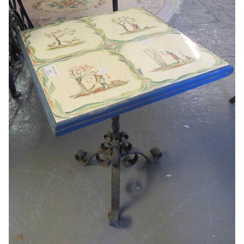 441 - Small tile top lamp table on a wrought  iron base, the tiles hand painted with autumn scenes, a man ... 