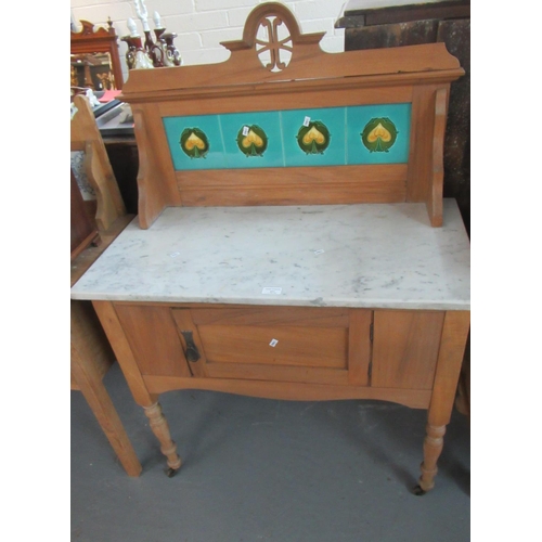 457 - Edwardian pine Art Nouveau design tiled back marble top wash stand.  (B.P. 21% + VAT)