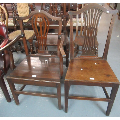 476 - 19th century oak camel back farmhouse open arm chair together with a similar 19th century oak camel ... 