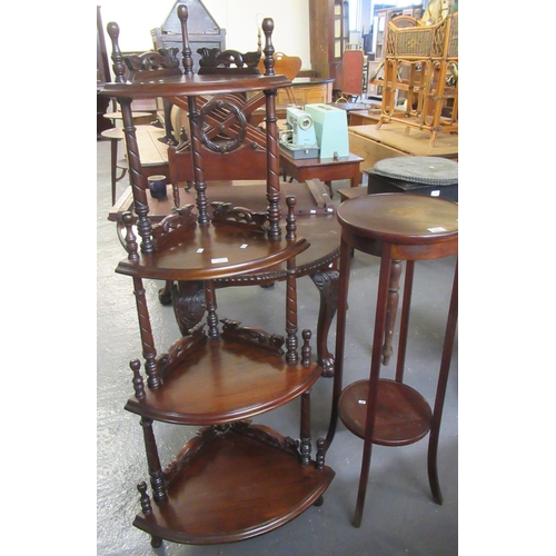 496 - Victorian style mahogany bow front whatnot together with an Edwardian mahogany jardinière stand with... 