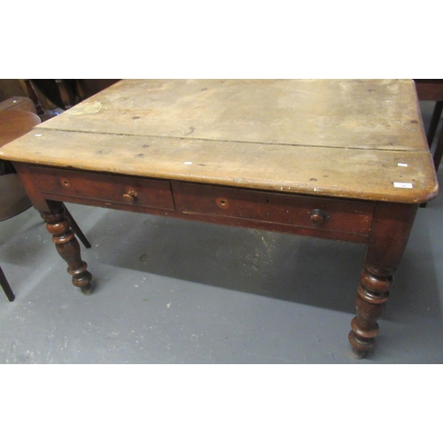 500 - Late Victorian stained pine two drawer farmhouse kitchen table on baluster turned legs.  (B.P. 21% +... 