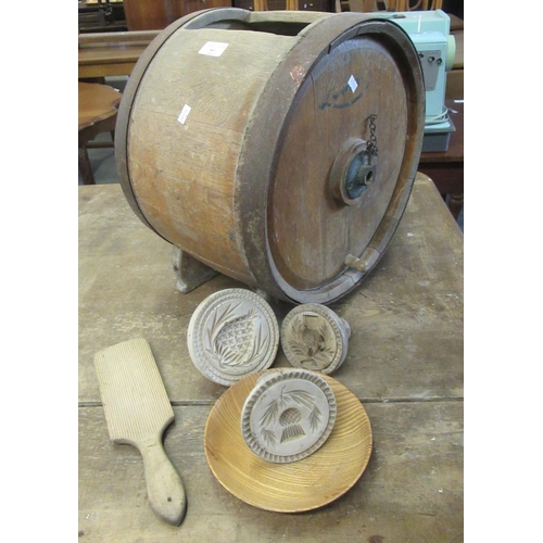 501 - Lister oak coopered butter churn, the interior revealing assorted treen items: butter pats, moulds e... 