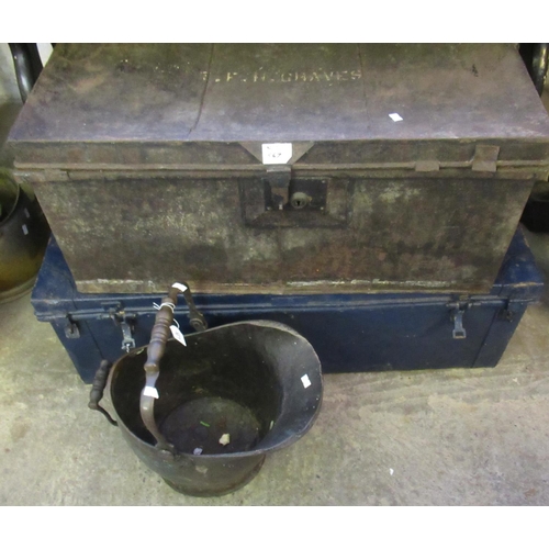 567 - Copper helmet shaped coal scuttle with swing handle together with two vintage travelling metal boxes... 