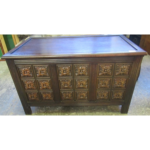 574 - Modern stained oak linen chest with panelled front.  88cm wide approx.  (B.P. 21% + VAT)