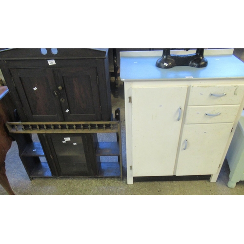 577 - Mid century retro painted kitchen cabinet with Formica top, together with a two door stained blind p... 