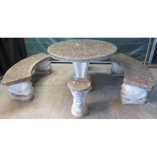 589 - Modern composition stone garden suite, to include: pedestal table of circular form, two benches with... 