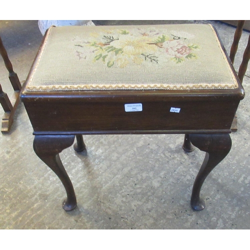 592 - Early 20th century mahogany piano stool with tapestry hinged lid, the interior revealing assorted co... 