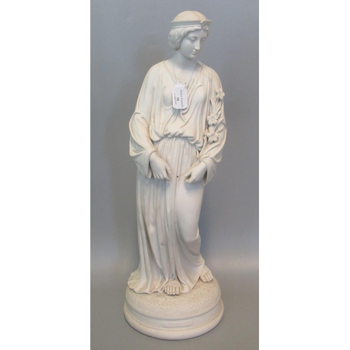 70 - Parian Ware sculpture of a lady, 'Chastity', on circular base, unmarked.  Height 62cm approx.  
 (B.... 