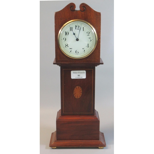 81 - Edwardian style mahogany inlaid miniature longcase clock with enamel face, standing on brass bun fee... 