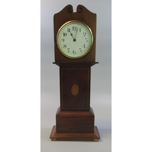 80 - Edwardian style mahogany inlaid miniature longcase clock with enamel face, standing on brass bun fee... 