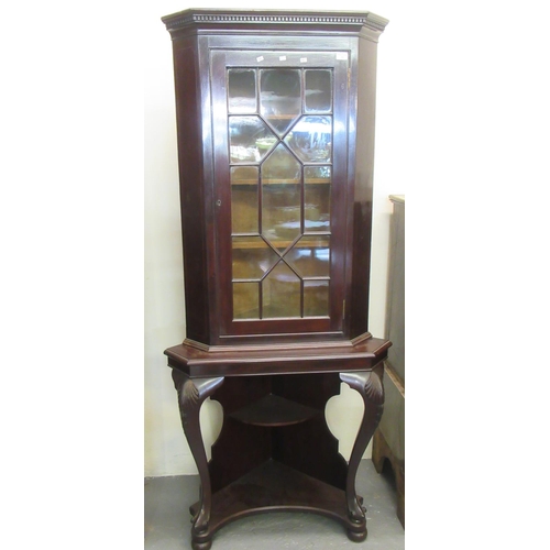 538 - 19th centuryinlaid mahogany  astragal glazed corner cabinet with mahogany stand, shell and cabriole ... 