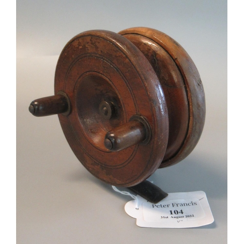 104 - Brass mounded vintage mahogany 4inch centre pin fishing reel with horn handles.   (B.P. 21% + VAT)