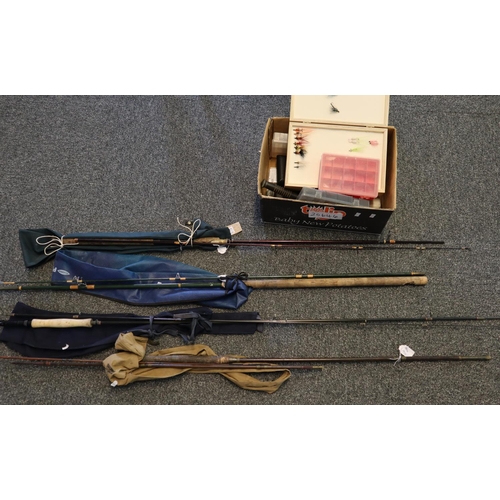 140 - Group of two-piece fly fishing rods, fibre glass and carbon, and another three-piece rod in green ar... 