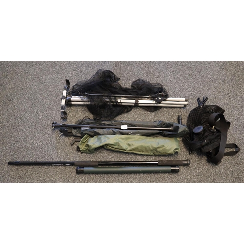 144 - Box of assorted fishing equipment, to include: rod rest, landing net and other similar items.  (B.P.... 