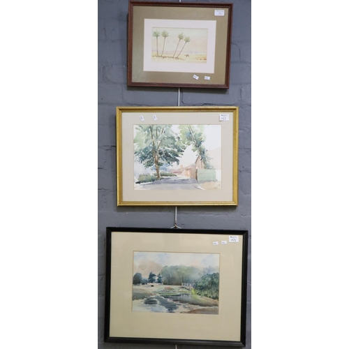 153 - Three furnishing watercolours to include: Desert scene, Village street scene signed H G Woods and an... 