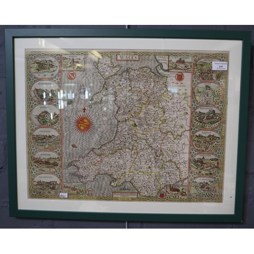 159 - John Speede, original hand coloured Map of Wales with town vignettes, Chiswell & Bassett edition.  B... 