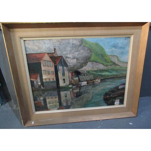 170 - Haywood (British 20th century), estuary scene with warehouses and vessels, signed and date 1957.  Oi... 