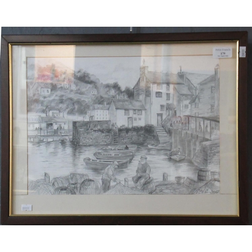 179 - Indistinctly signed harbour scene, possibly 'Staithes', pencil sketch.  28x39cm approx.  Framed.   (... 