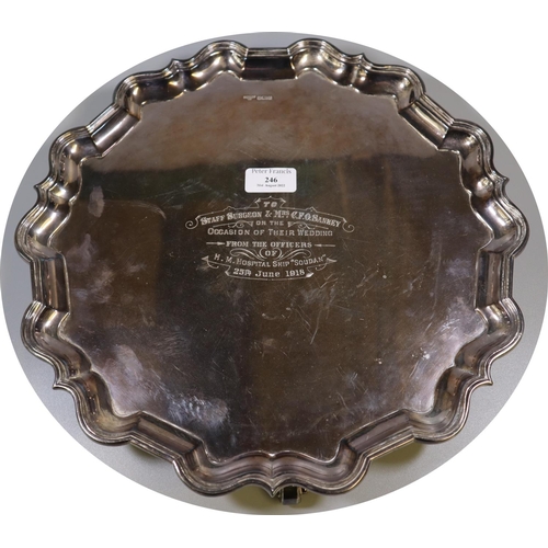 246 - Silver piecrust edge presentation tray with Sheffield hallmarks, makers initials 'F R & Co. Ltd', en...
