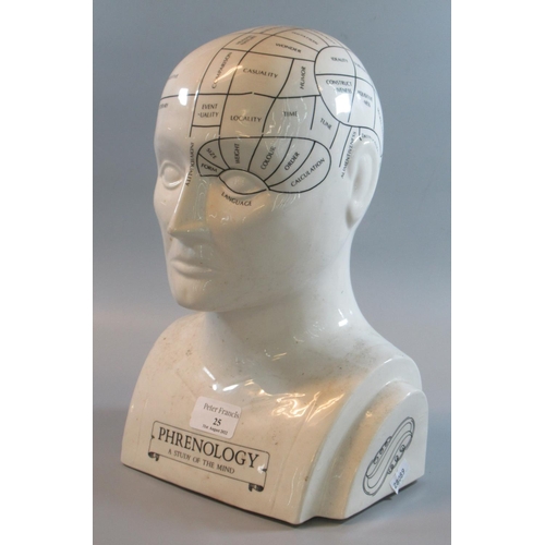 25 - A reproduction pottery Phrenology head with printed annotations.  29cm high approx.   (B.P. 21% + VA... 