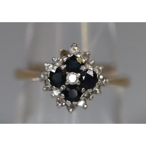 270 - 9ct gold sapphire and diamond cluster ring.  2.6g. approx.  ring size N.   (B.P. 21% + VAT)