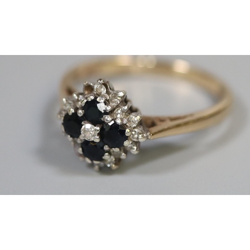 270 - 9ct gold sapphire and diamond cluster ring.  2.6g. approx.  ring size N.   (B.P. 21% + VAT)