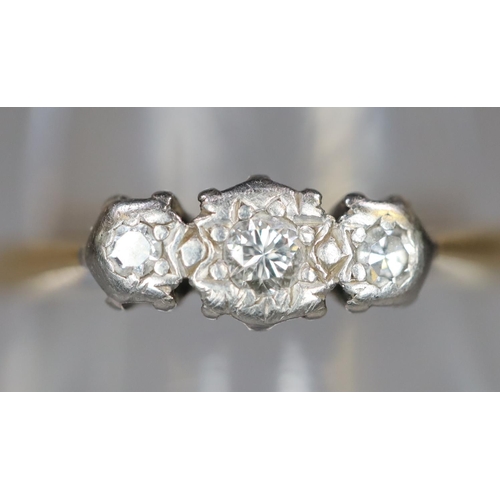 271 - 18ct gold three stone diamond illusion set diamond dress ring.  2.3g.approx.   ring size O.   (B.P. ... 