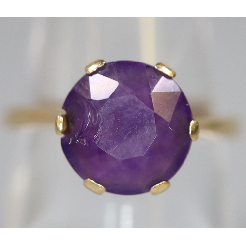 272 - 18ct gold solitaire amethyst dress ring by 'Bravingtons'.  3.6g. approx.   ring size N.   (B.P. 21% ... 