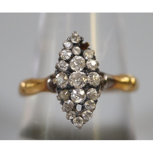 274 - 18ct gold diamond set marquise shaped dress ring (2 diamonds missing).  3.3g. approx.  ring size Q. ... 