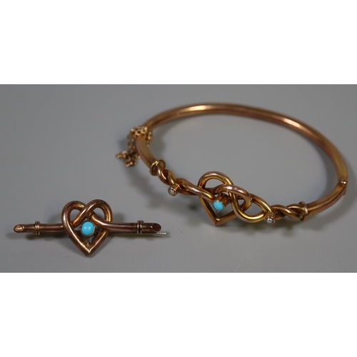 281 - 9ct gold Victorian bangle and similar heart shaped brooch set with turquoise and pearls.  Total weig... 