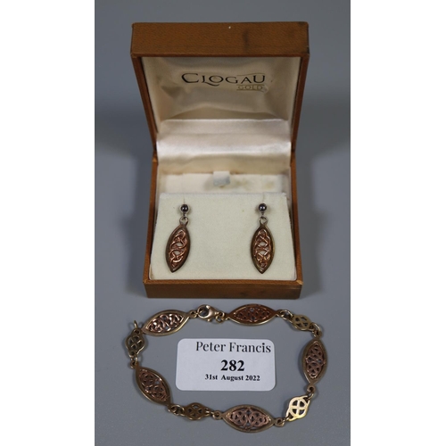 282 - 9ct gold Welsh Clogau gold bracelet, together with silver Clogau Celtic design earrings.  Bracelet 9... 