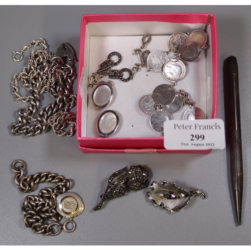 299 - Collection of assorted silver and other costume jewellery, to include: bracelets, coin bracelet, nec... 