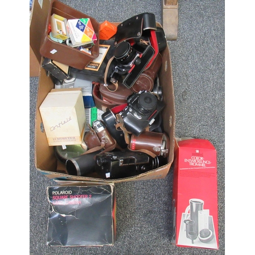 340 - Box containing various cameras and camera equipment to include:  Voigtlander lens, Chinon 310 Pacifi... 