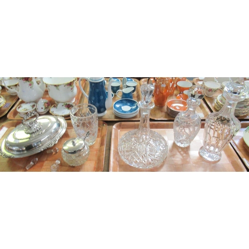 346 - Four trays of mostly cut glass items to include; various drinking vessels some with star cut bases; ... 