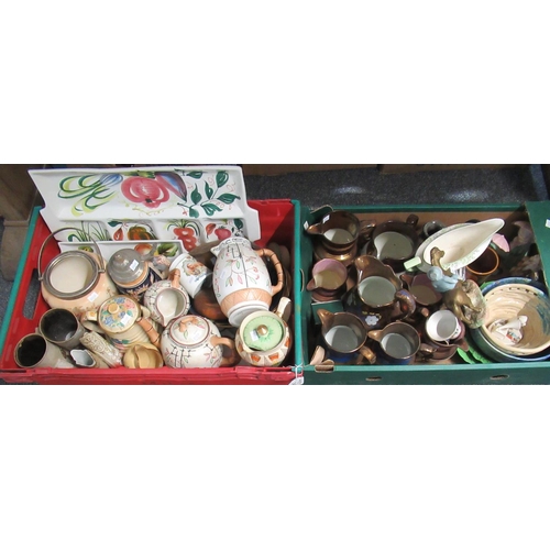 349 - Two boxes of assorted china to include; various copper lustre dresser jugs, various continental figu... 