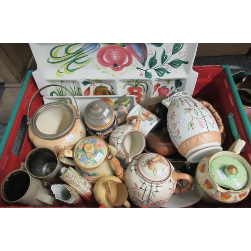 349 - Two boxes of assorted china to include; various copper lustre dresser jugs, various continental figu... 