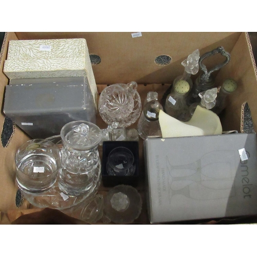 351 - Box of assorted glassware to include; cruet set, drinking glasses, compote jar with spoon, centre bo... 